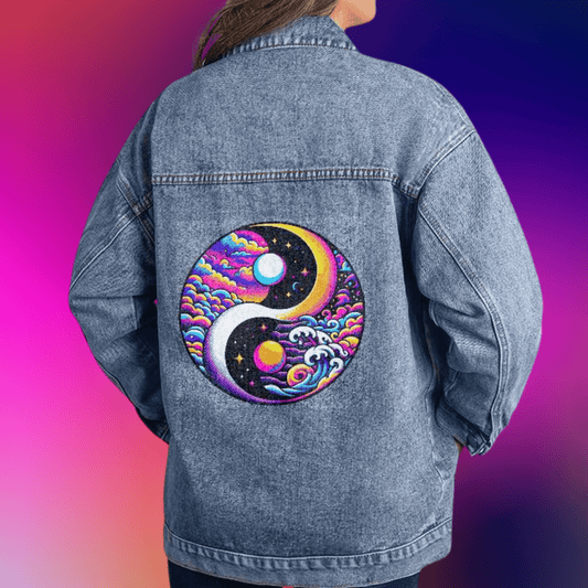 90s Yin Yang Sun Moon Stars - Women's Printed Oversized Jean Jacket