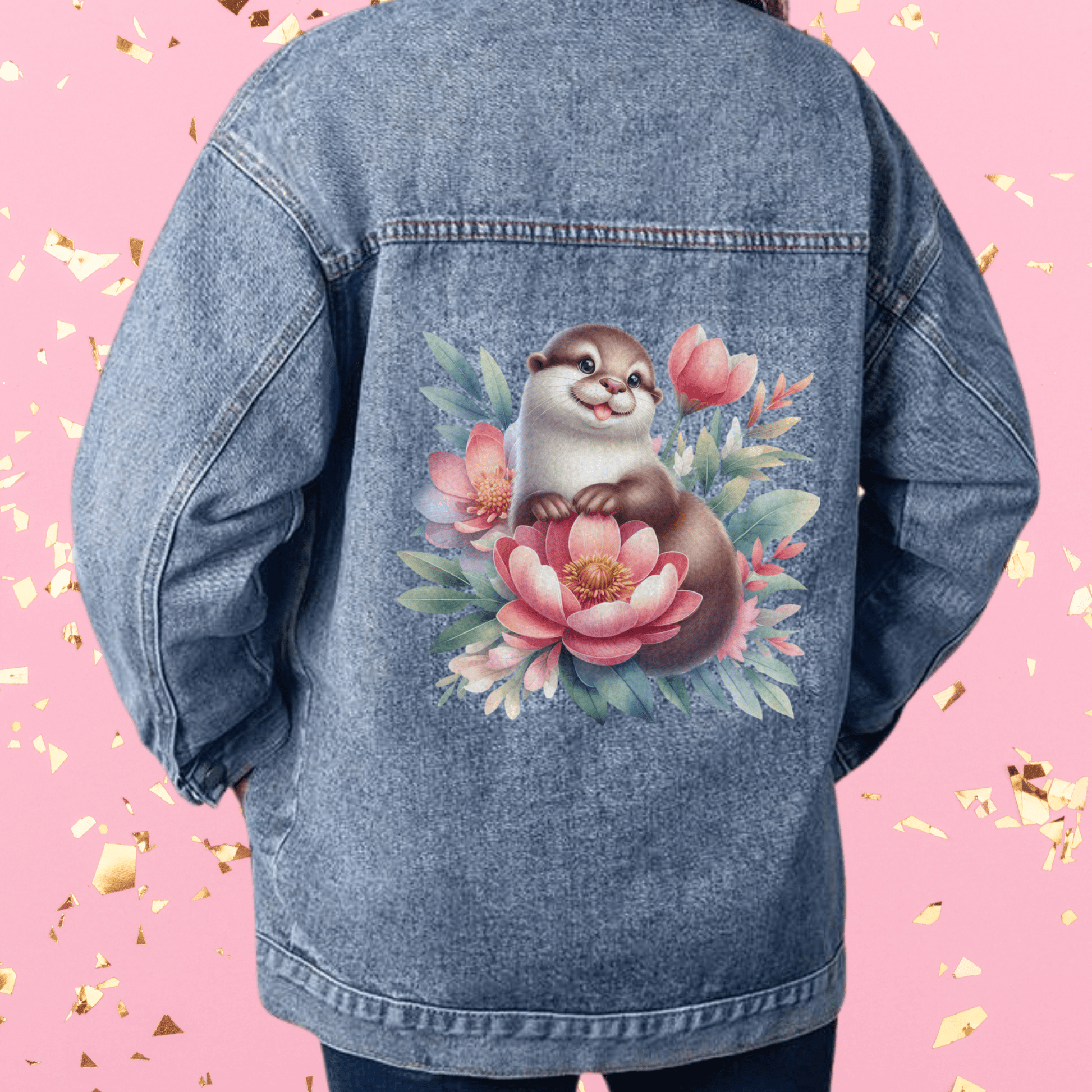 Cute Otter Floral Jean Jacket - Oversized Women's 90s Denim Jacket