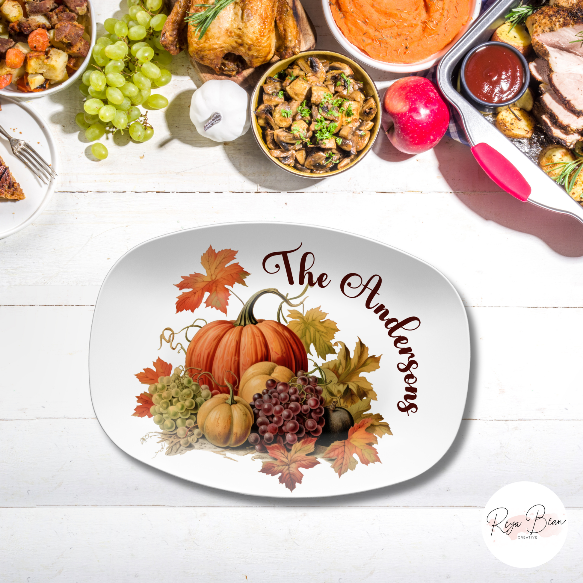 Custom Thanksgiving Platter, Family Tradition Pumpkin Serving Plate, Personalized Fall Harvest Serving Tray 10 x 14" Unbreakable DecoWare