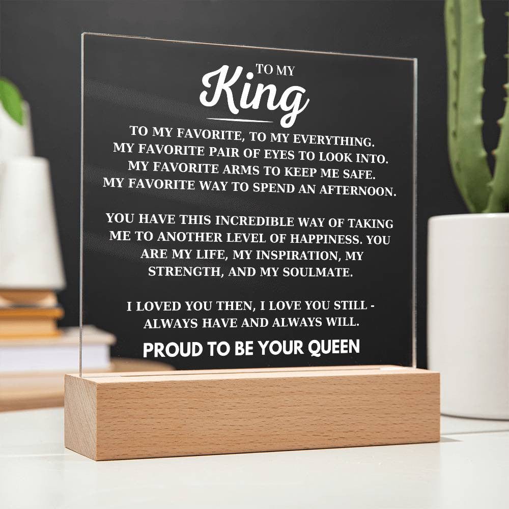 To My King Desk Plaque from Your Proud Queen, Boyfriend Birthday Acrylic Square Plaque, Husband Favorite Person LED Light Up Desk Plaque