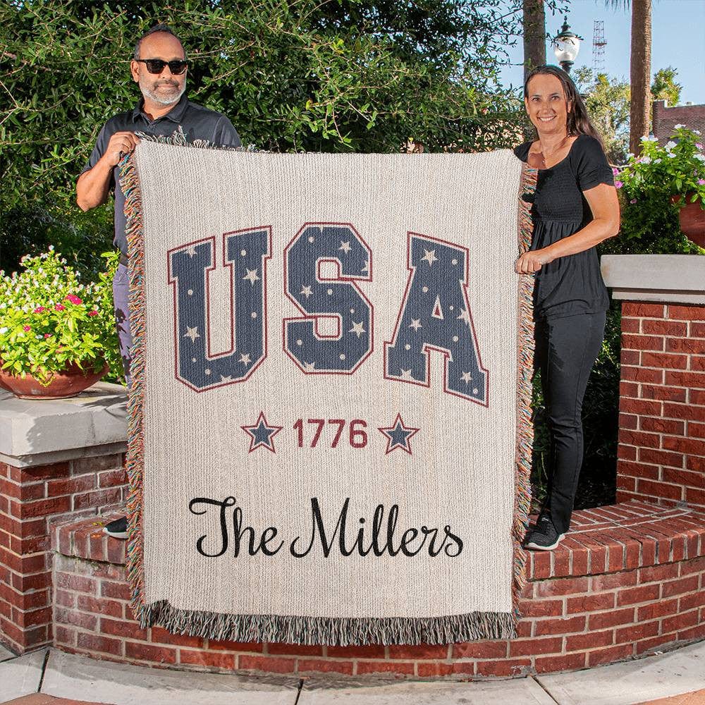 Custom Independence Day Stars and Stripes Heirloom Woven Blanket, Personalized Family Name 1776 Fireworks Watching Cozy Throw