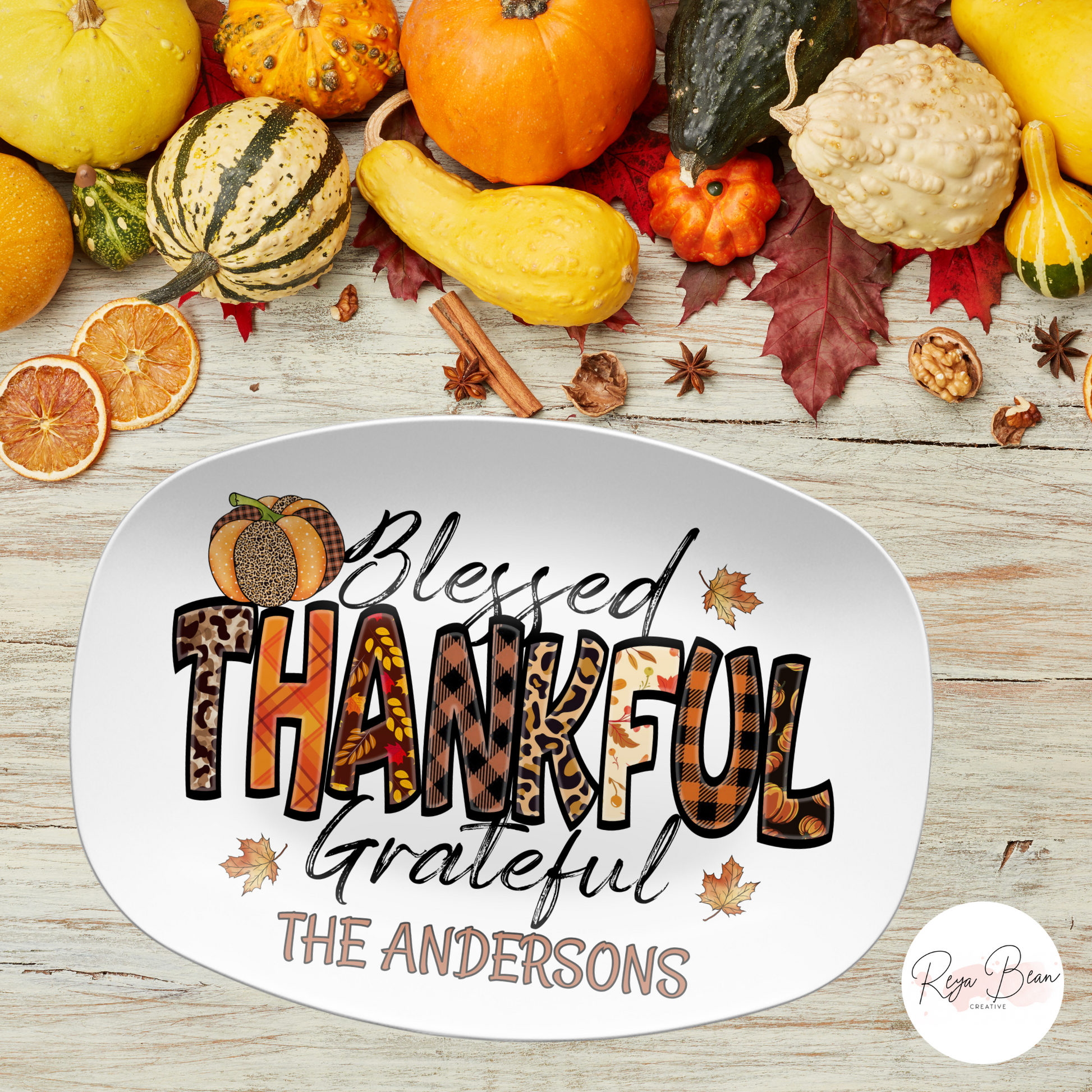 Custom Blessed Thankful Grateful Thanksgiving Platter, 10 x 14" Unbreakable DecoWare