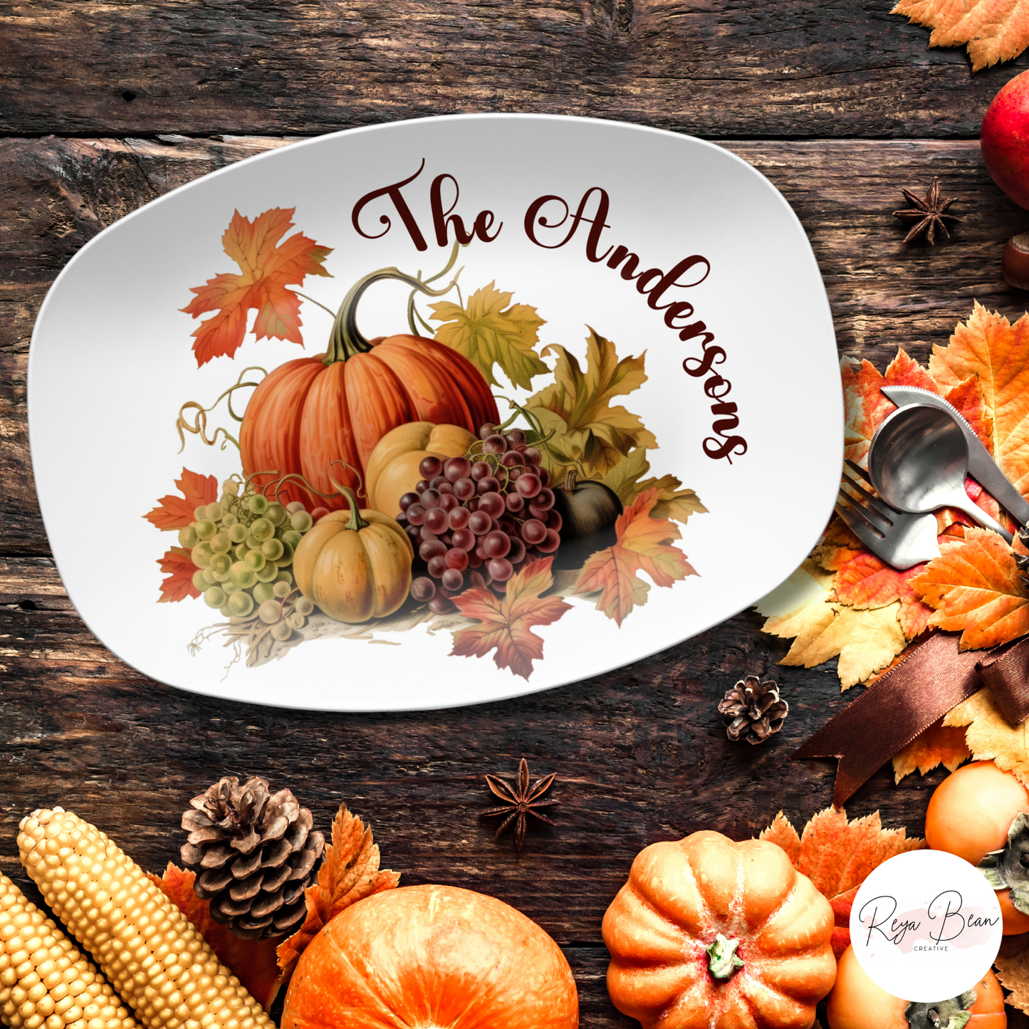 Custom Thanksgiving Platter, Family Tradition Pumpkin Serving Plate, Personalized Fall Harvest Serving Tray 10 x 14" Unbreakable DecoWare