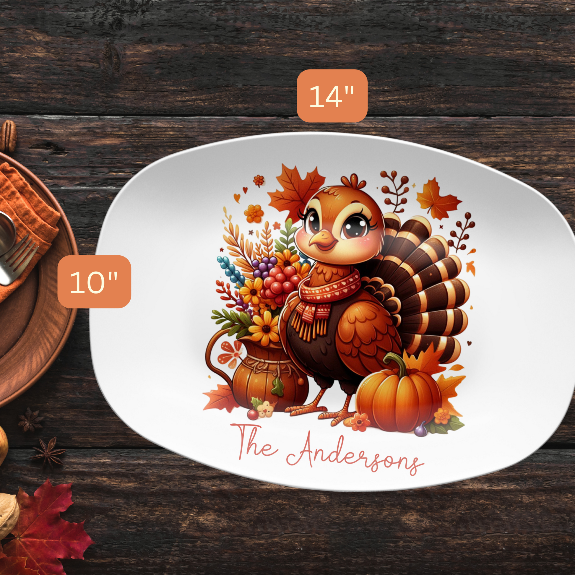 Custom Thanksgiving Turkey Platter, Cute Turkey Family Serving Plate, Personalized Fall Harvest Serving Tray 10 x 14" Unbreakable DecoWare