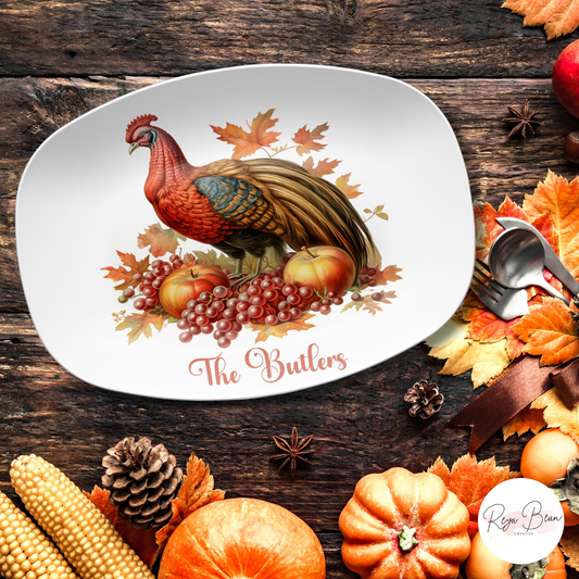 Custom Thanksgiving Platter, Family Tradition Turkey Serving Plate, Personalized Fall Harvest Serving Tray 10 x 14" Unbreakable DecoWare