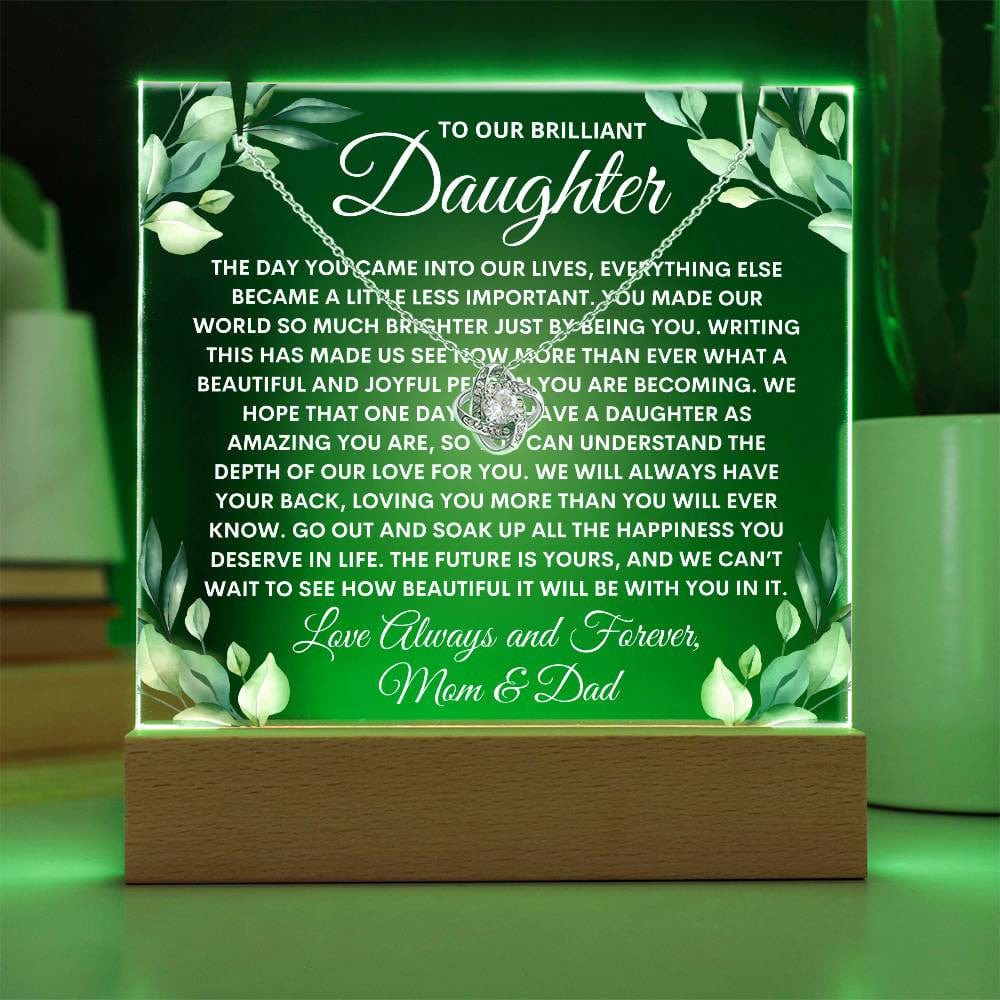 Letter to Daughter Light Up Acrylic Plaque Necklace Bundle, Greenery Love Knot Necklace Keepsake Acrylic, Daughter Birthday Night Light Gift