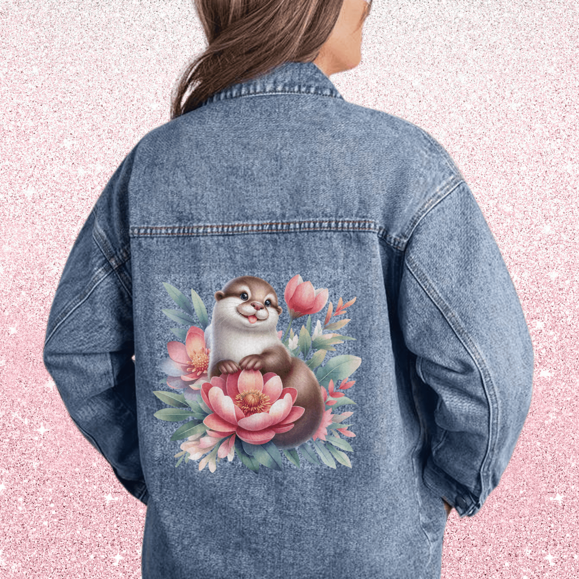 Cute Otter Floral Jean Jacket - Oversized Women's 90s Denim Jacket Jean Jacket Cute Otter