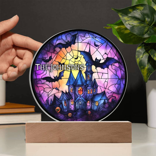 Custom Name Halloween Decoration Light Up Round Acrylic Plaque, Goth Party Light LED, Skull Haunted House Bats Witch Faux Stained Glass