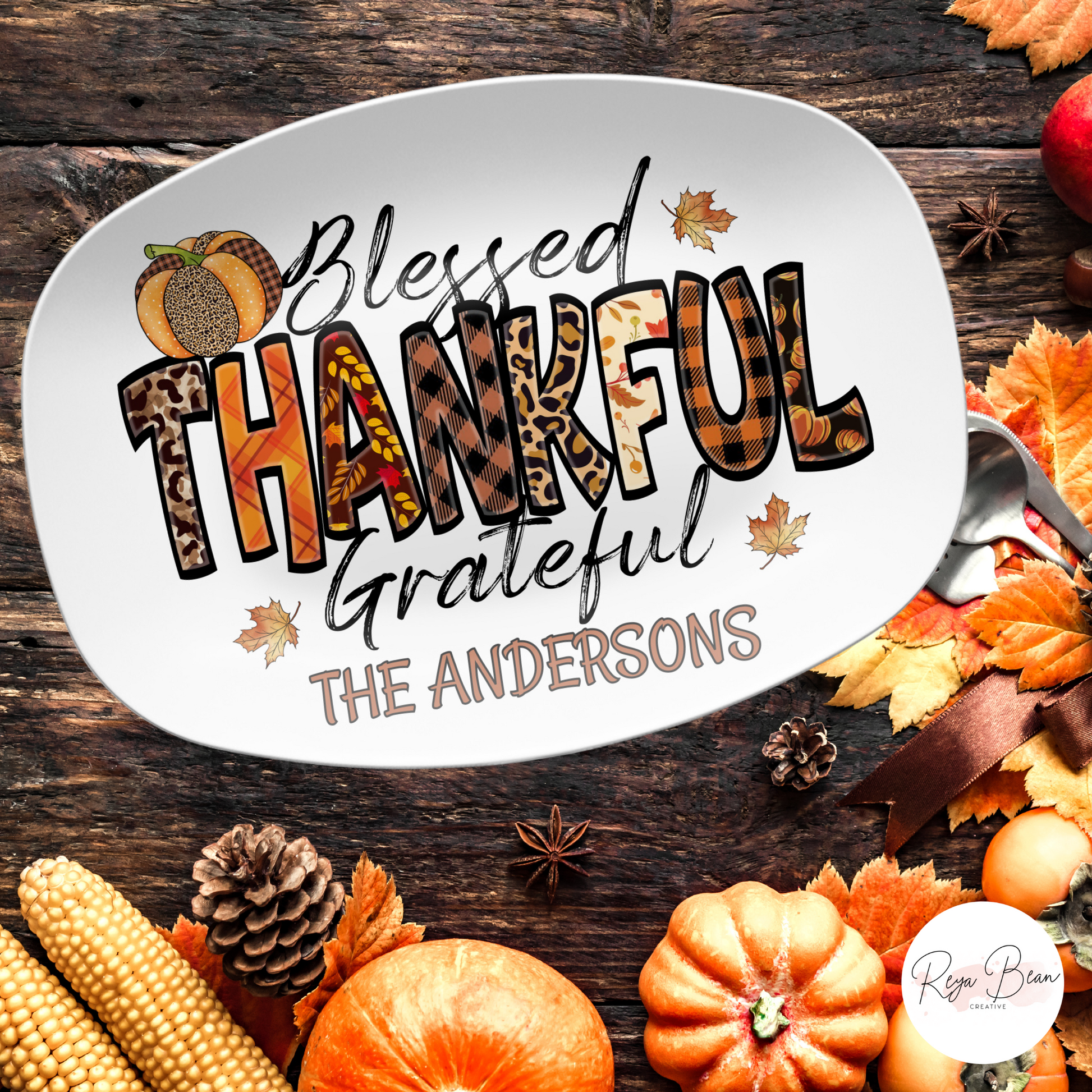 Custom Blessed Thankful Grateful Thanksgiving Platter, 10 x 14" Unbreakable DecoWare