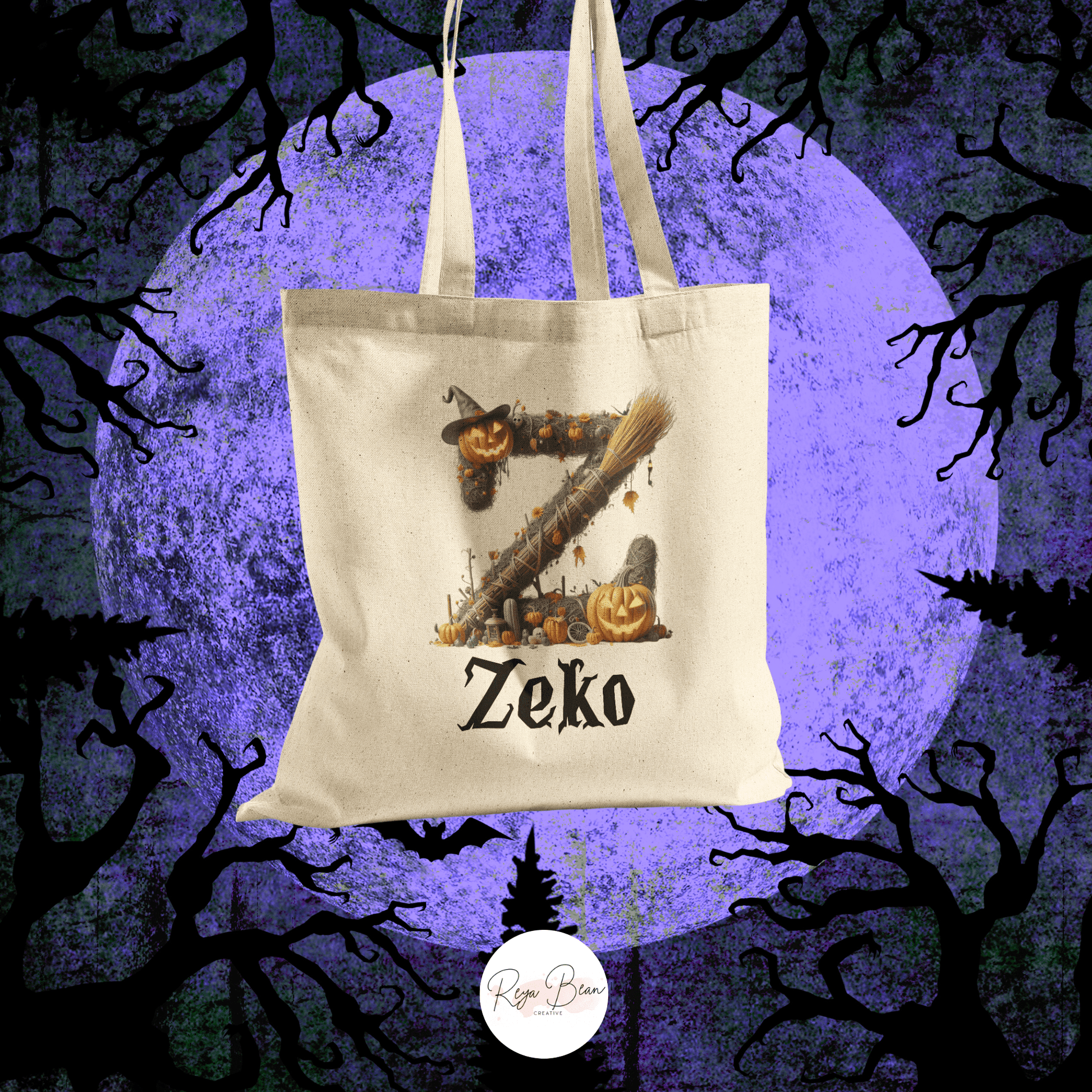 Halloween Custom Name Cotton Trick-or-Treat Tote Bag for Kids, Happy Halloween Personalized Creepy Trick or Treat Custom Candy Bag