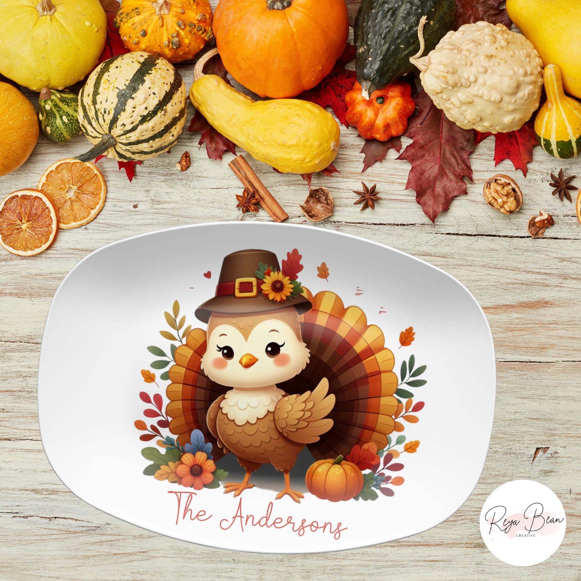 Custom Thanksgiving Turkey Platter, Cute Turkey Family Serving Plate, Personalized Fall Harvest Serving Tray 10 x 14" Unbreakable DecoWare