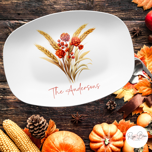 Custom Thanksgiving Platter, Minimalist Wheat Family Serving Plate, Personalized Fall Harvest Serving Tray 10 x 14" Unbreakable DecoWare