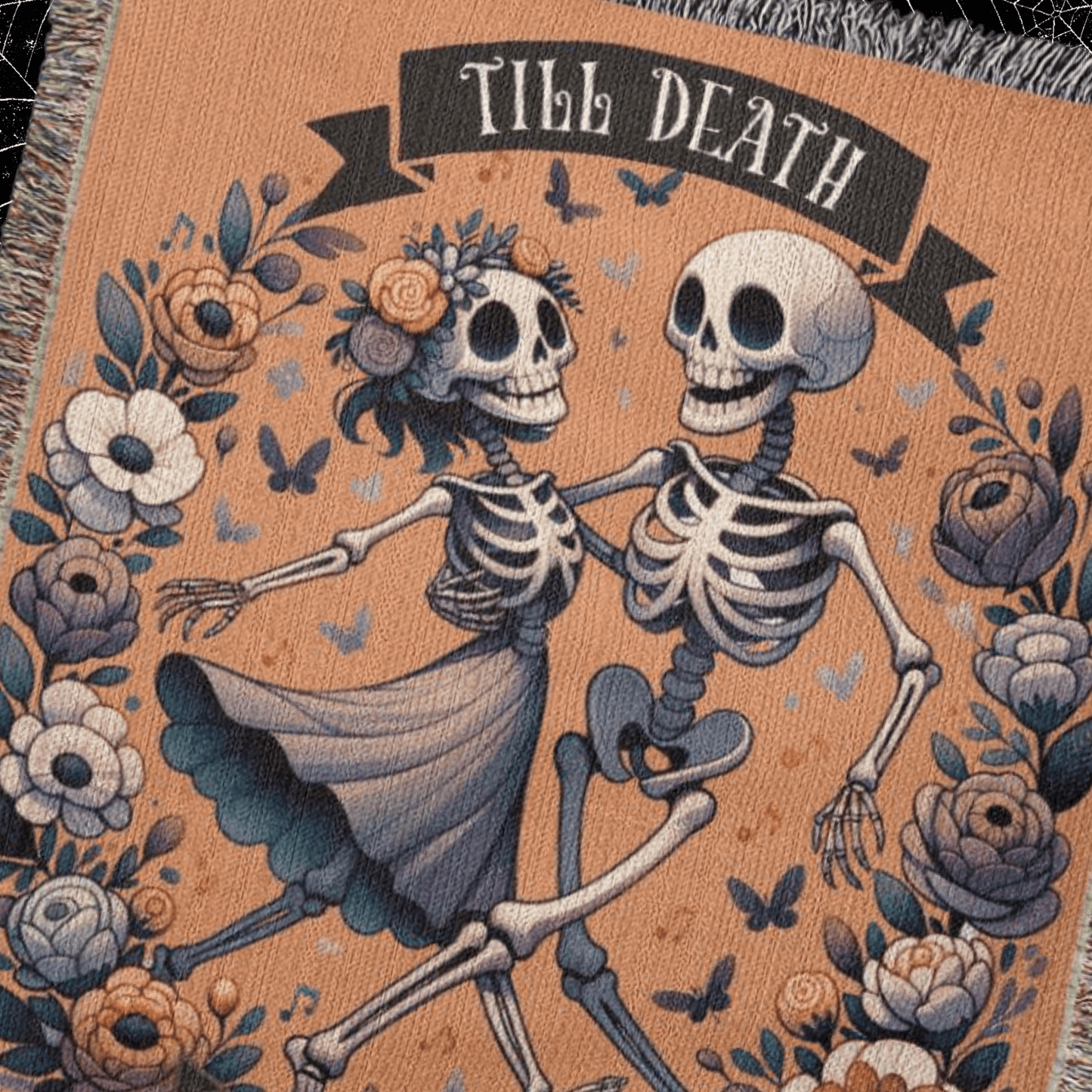 Custom Halloween Till Death Skeleton Cottage Core Heirloom Woven Blanket