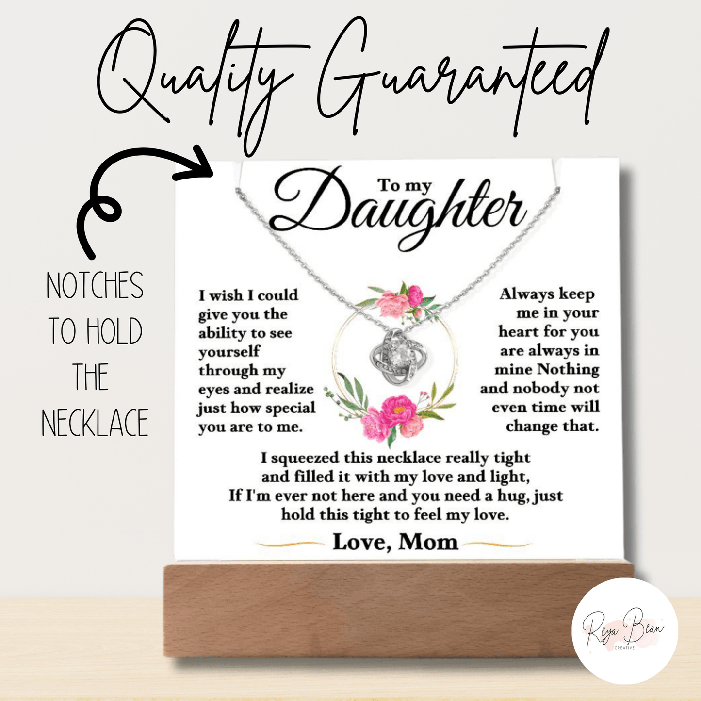 To My Daughter Floral Halo Love Mom - LED Acrylic Plaque + Love Knot Necklace Bundle