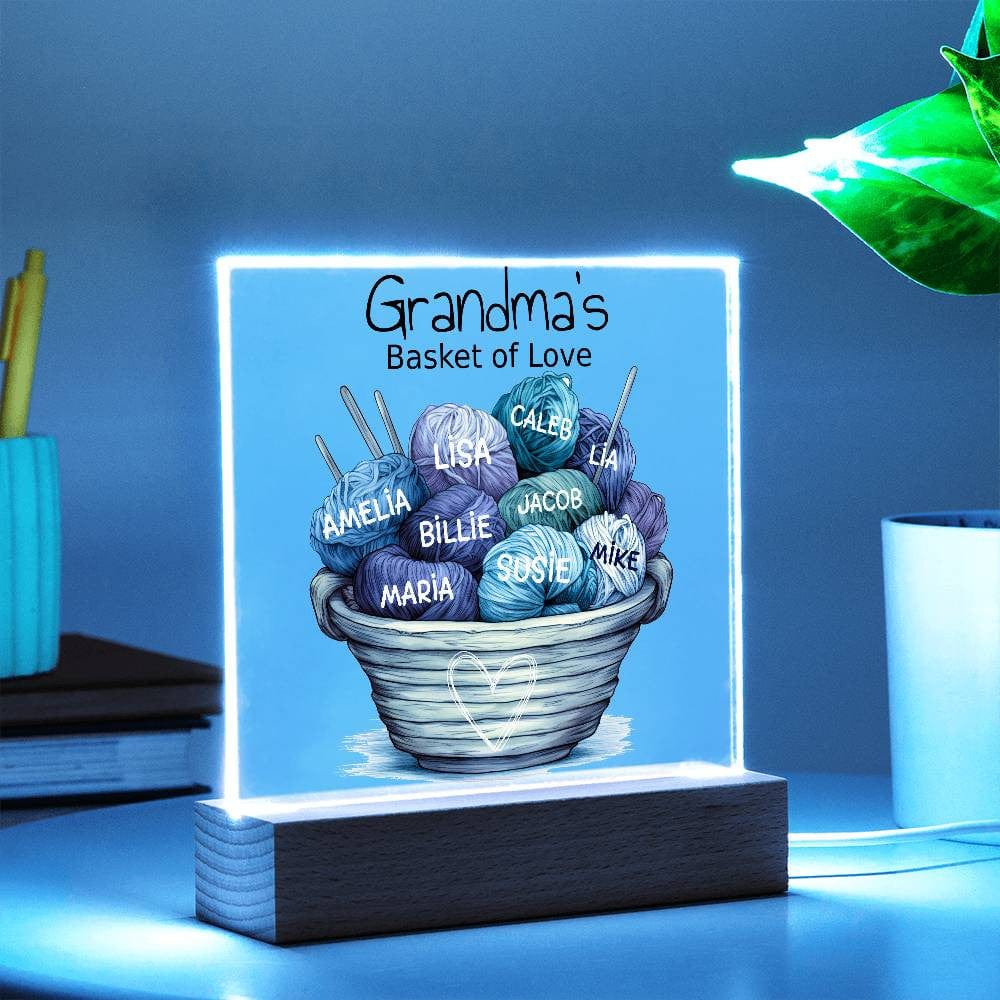 Custom Grandma Birthday Knitting Basked of Love Gift Personalized with Grandkids' Names, Grandchildren Yarn Balls Acrylic Square Plaque