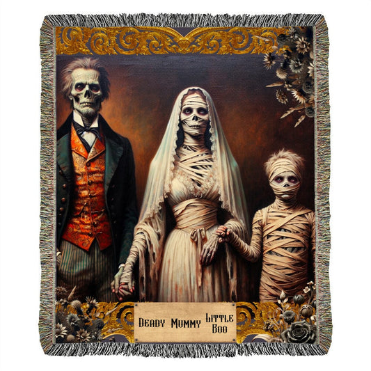 Gothic Halloween Blanket - Deady Mummy Little Boo Spooky Woven Cotton Throw with a zombie dad mummy mom and child mummy zombie in a vintage gold frame with dead flowers in the corners