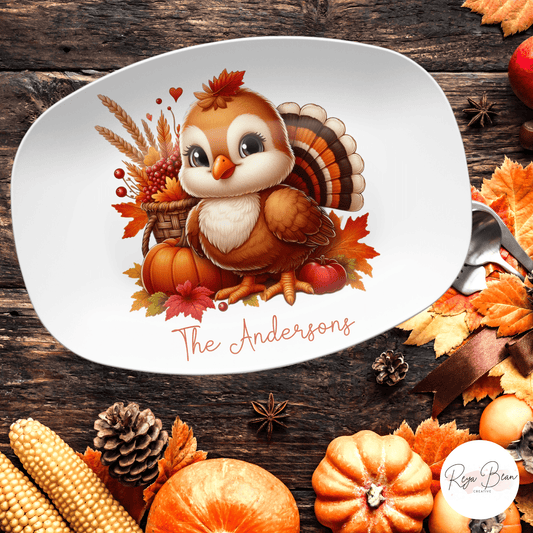 Custom Thanksgiving Turkey Platter, Cute Turkey Family Serving Plate, Personalized Fall Harvest Serving Tray 10 x 14" Unbreakable DecoWare