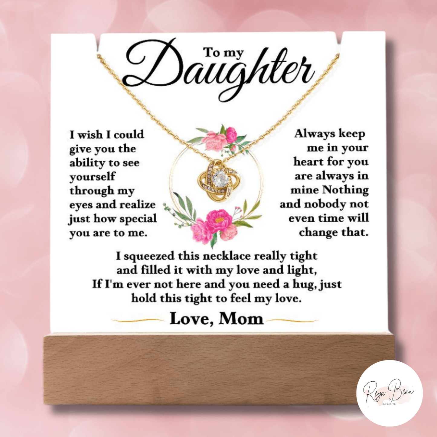 To My Daughter Floral Halo Love Mom - LED Acrylic Plaque + Love Knot Necklace Bundle