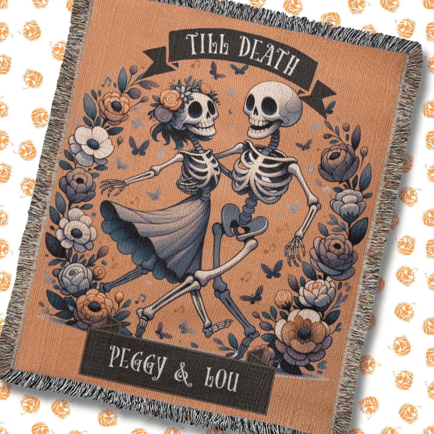 Custom Halloween Till Death Skeleton Cottage Core Heirloom Woven Blanket