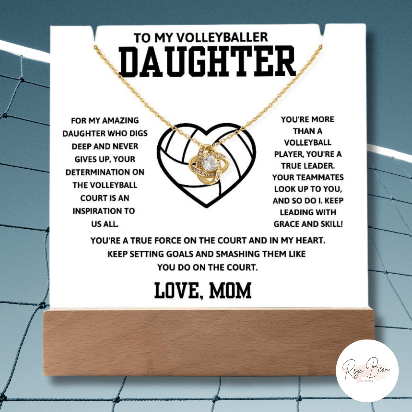 To My Volleyballer Daughter Love Mom - LED Acrylic Plaque + Love Knot Necklace Bundle