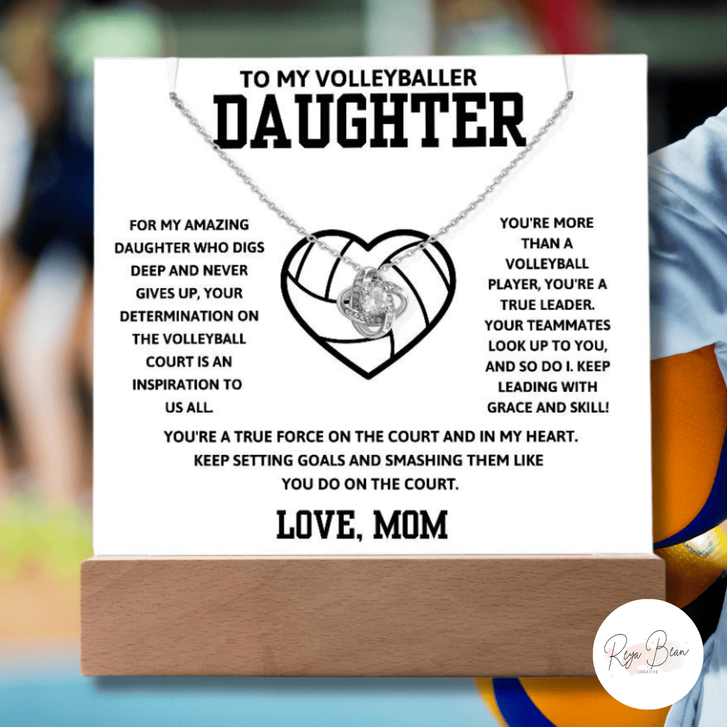 To My Volleyballer Daughter Love Mom - LED Acrylic Plaque + Love Knot Necklace Bundle