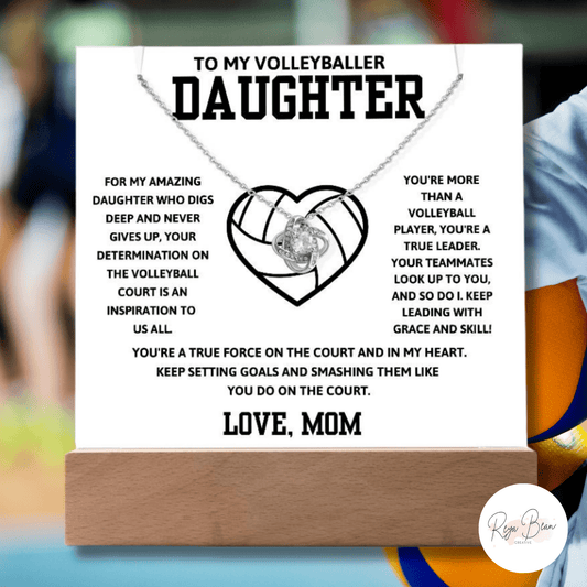 To My Volleyballer Daughter Love Mom - LED Acrylic Plaque + Love Knot Necklace Bundle