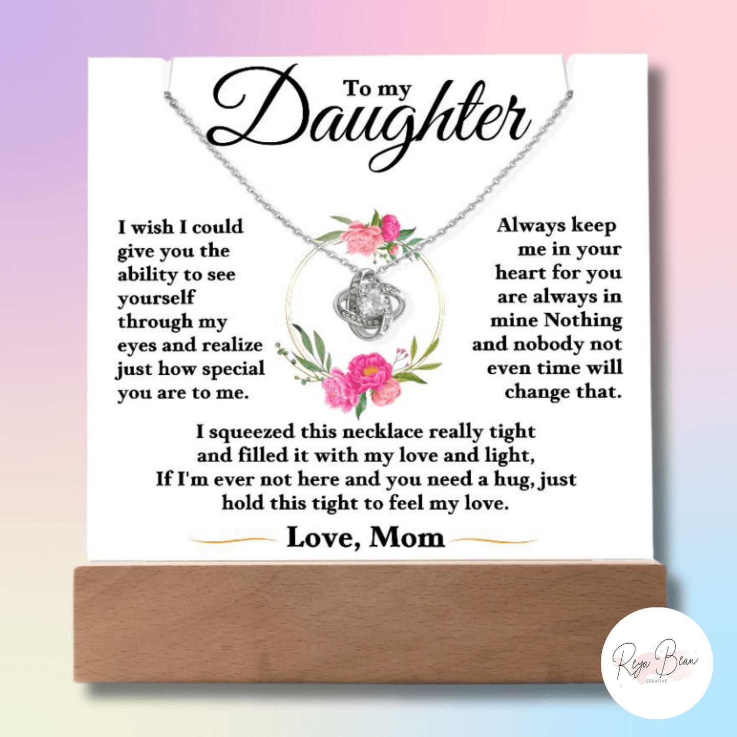 To My Daughter Floral Halo Love Mom - LED Acrylic Plaque + Love Knot Necklace Bundle