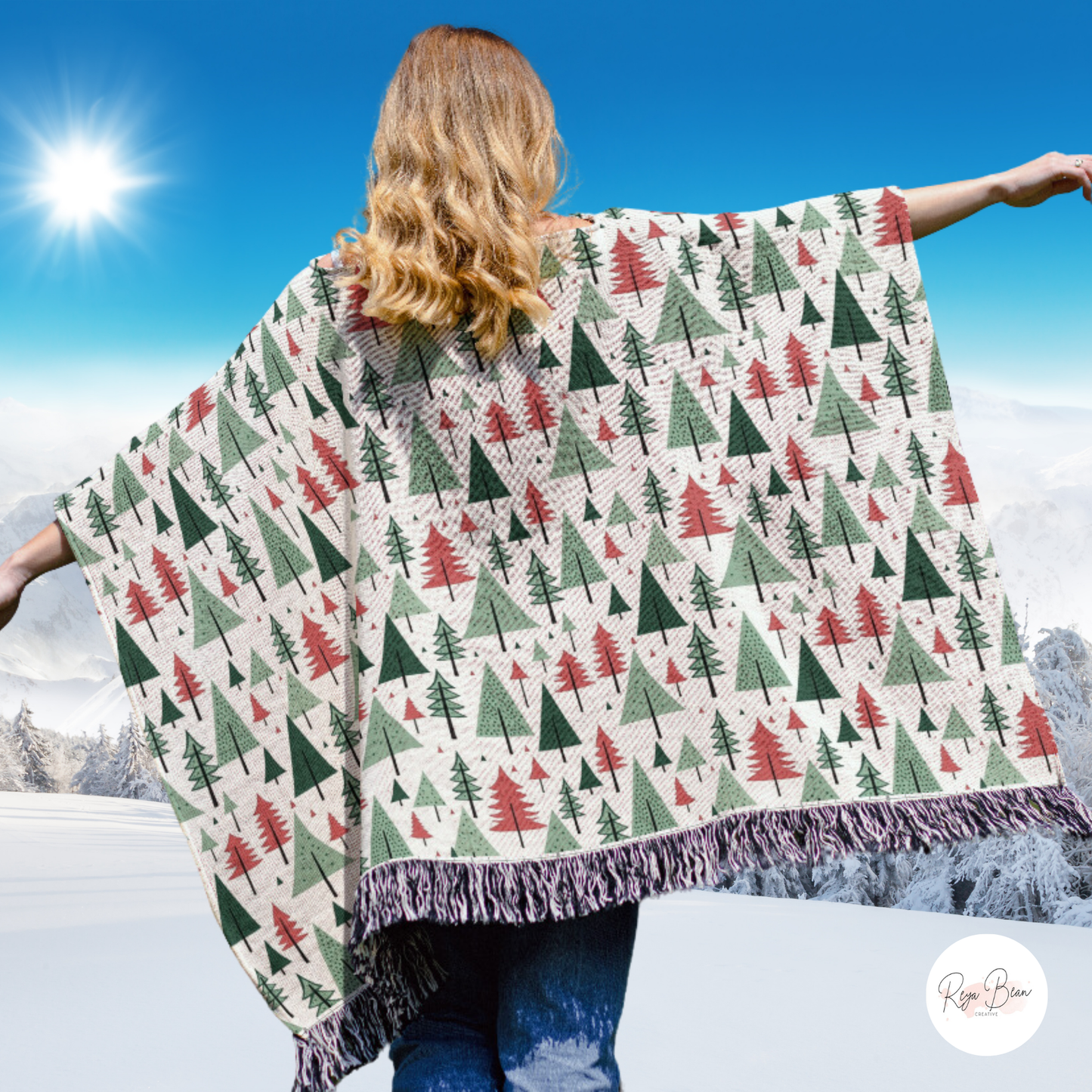 Christmas Trees Holiday Woven Cotton Poncho, 50" x 60"