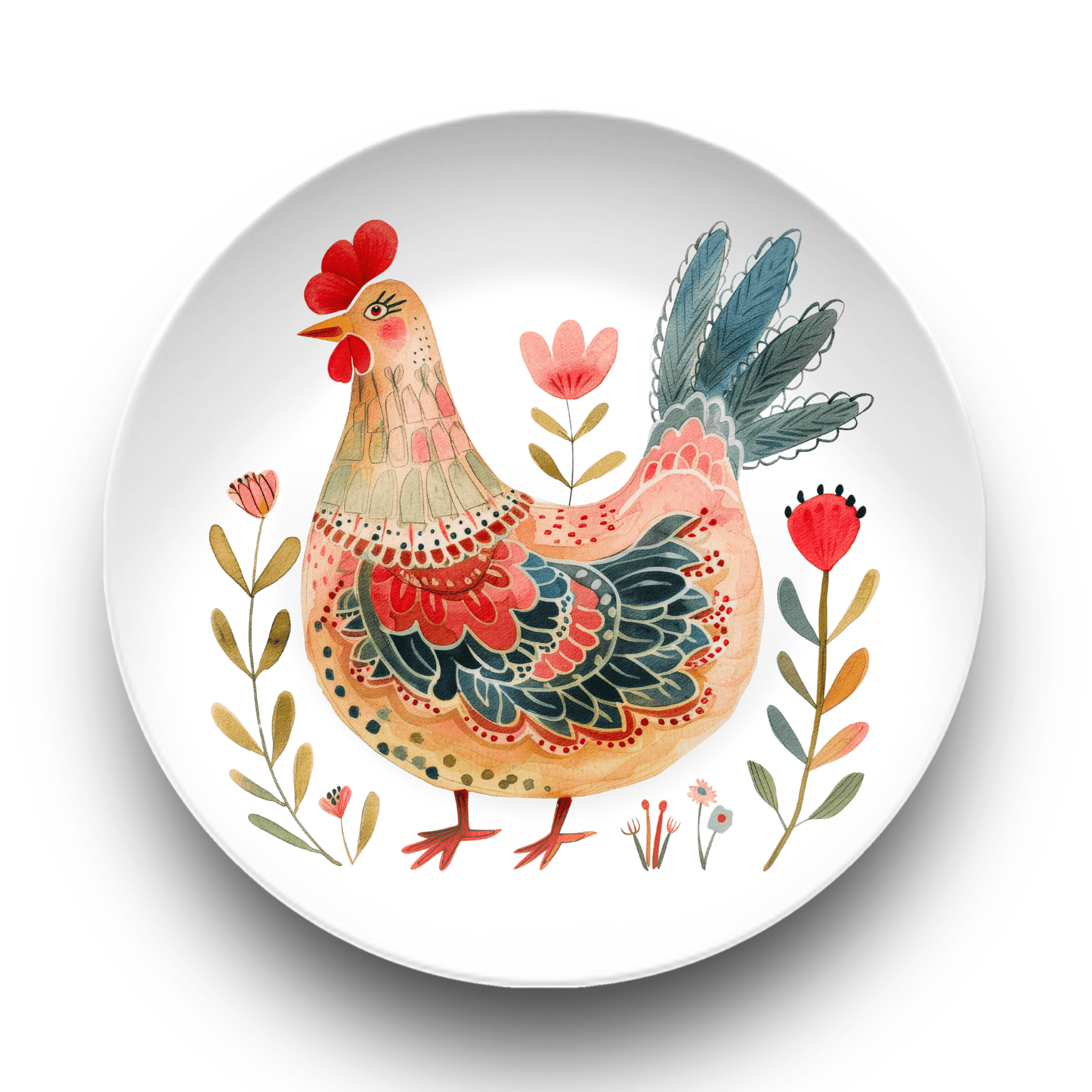 Chicken Housewarming Party Plates Gift, Folk Chicken Floral Plate Set, Fun Homesteader Gift Whimsical Roosters