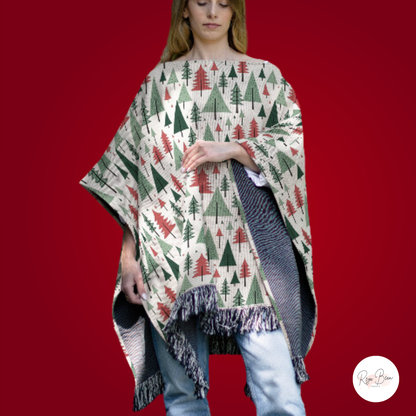 Christmas Trees Holiday Woven Cotton Poncho, 50" x 60"