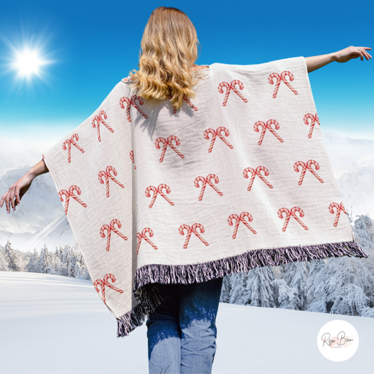 Christmas Candy Cane Poncho, Cute Xmas Cotton Cozy Holiday Season Wearable Woven Blanket, Whimsical Xmas Motif Fun Present for Her 50" x 60"