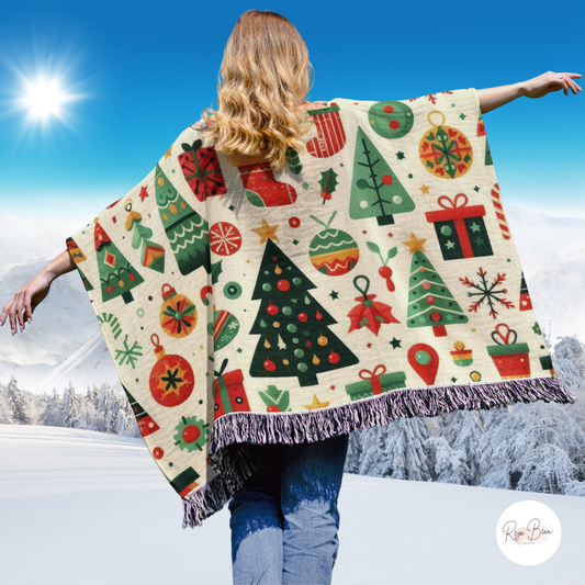 Christmas Tress Holiday Woven Poncho, 50" x 60"