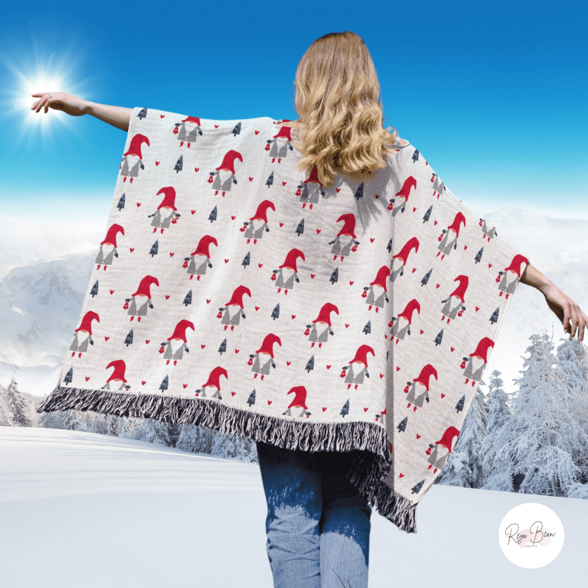 Christmas Gnome Poncho, Cute Xmas Gnomes Cotton Holiday Season Wearable Woven Blanket, Whimsical Xmas Motif Fun Present for Her 50" x 60"