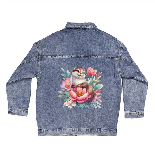 Cute Otter Floral Jean Jacket - Oversized Women's 90s Denim Jacket