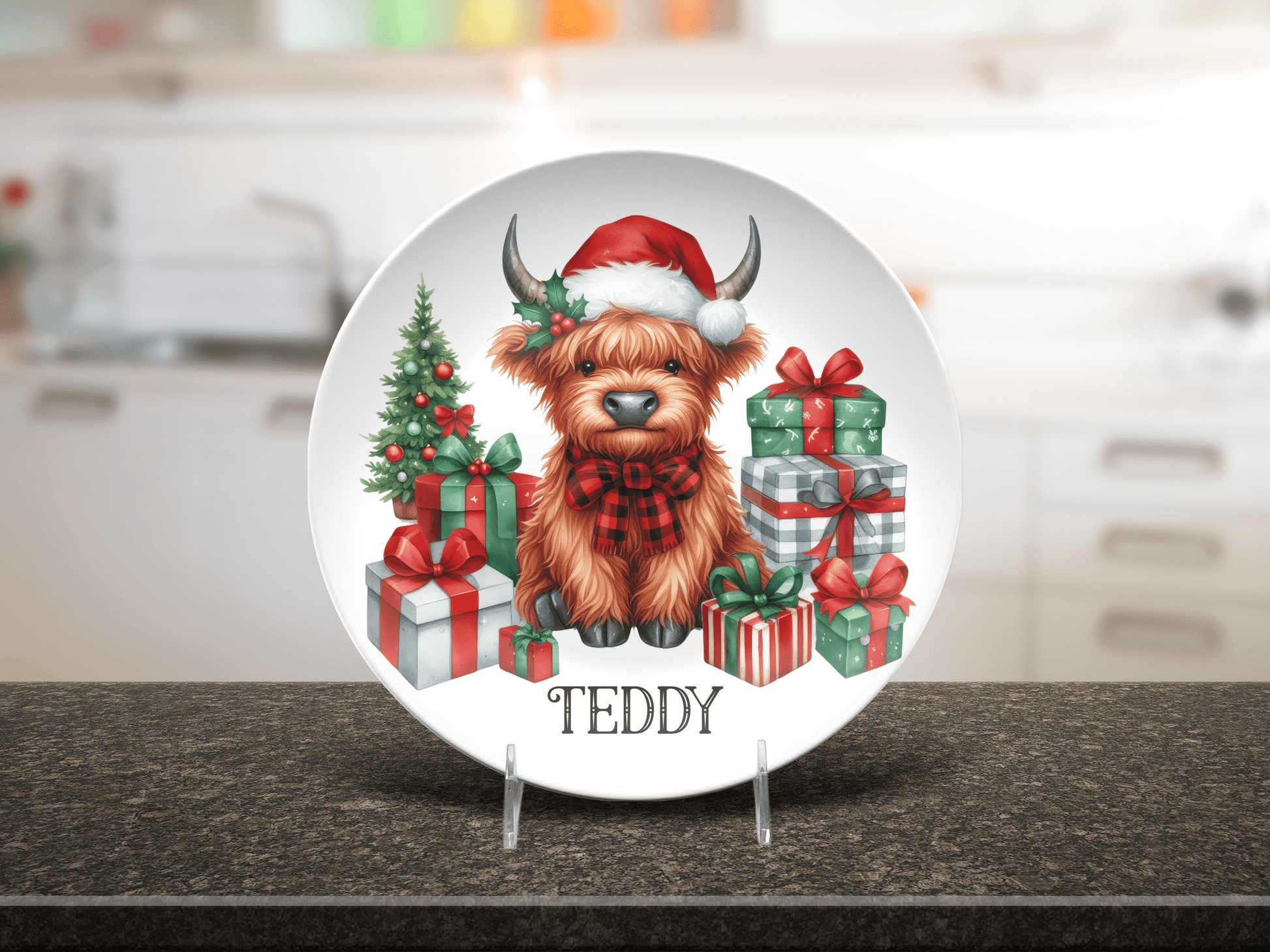 Highland Cow Christmas Plates, Unbreakable DecoPlate Dinnerware Set of 8 Cow Lover Design Xmas Dishes, Farmhouse Holiday Cow Dining Set Gift