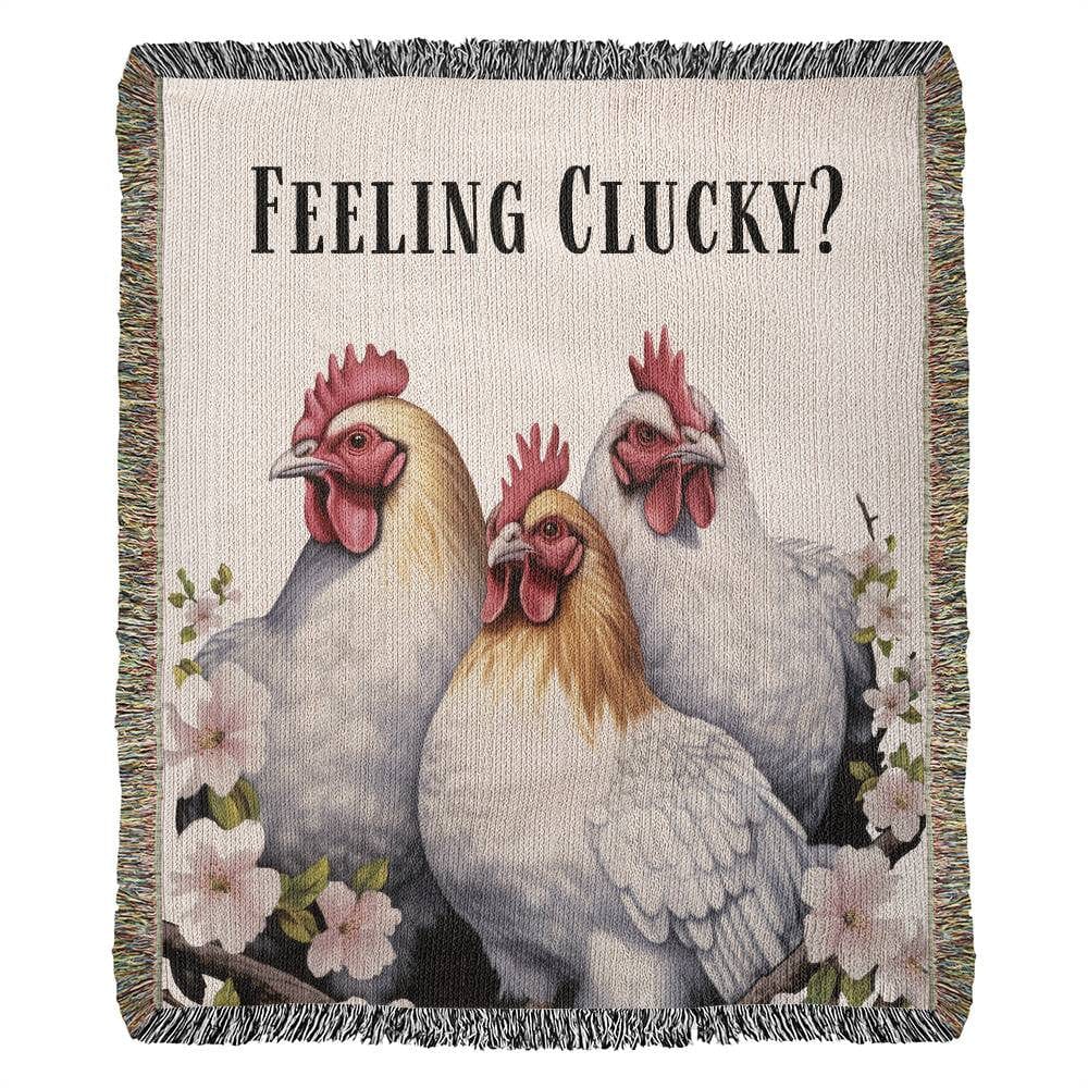 Funny Feeling Clucky Three Chicken Heirloom Woven Blanket, Homestead Gift Farm Chicken Lover Throw Blanket, Cotton Farmhouse Couch Decor