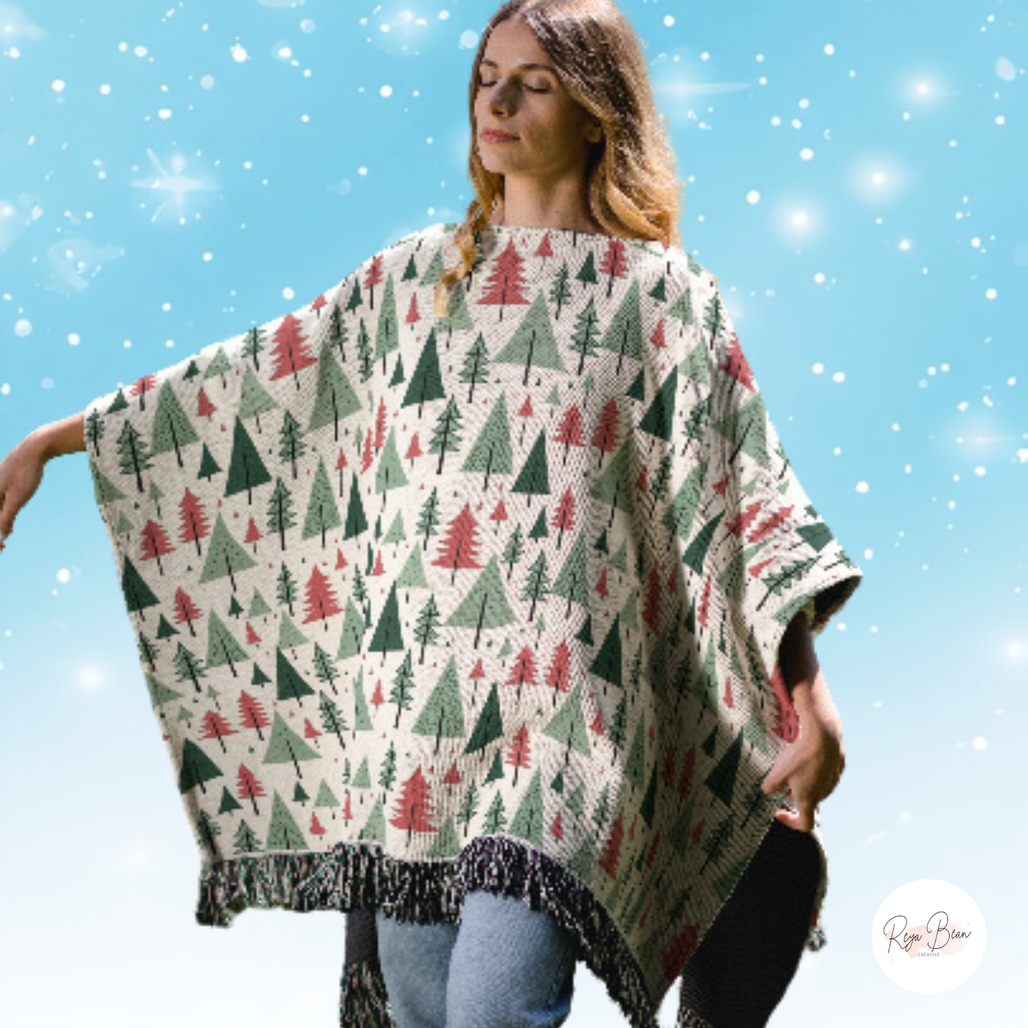 Christmas Trees Holiday Woven Cotton Poncho, 50" x 60"