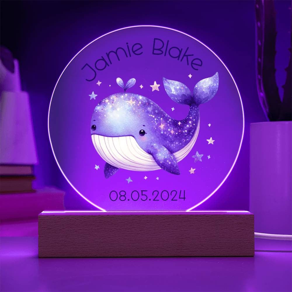 Custom Whale Acrylic Circle LED Plaque Nightlight for Baby's Nursery, Personalized Name Birthday Toddler Light Up Ocean Baby Room Decor