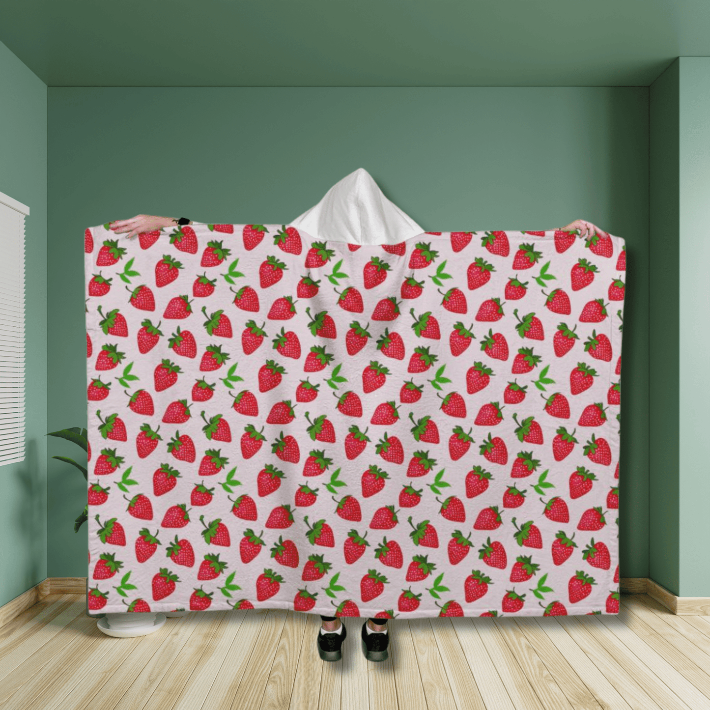 Adorable Cozy Strawberry Hooded Sherpa Fleece Blanket