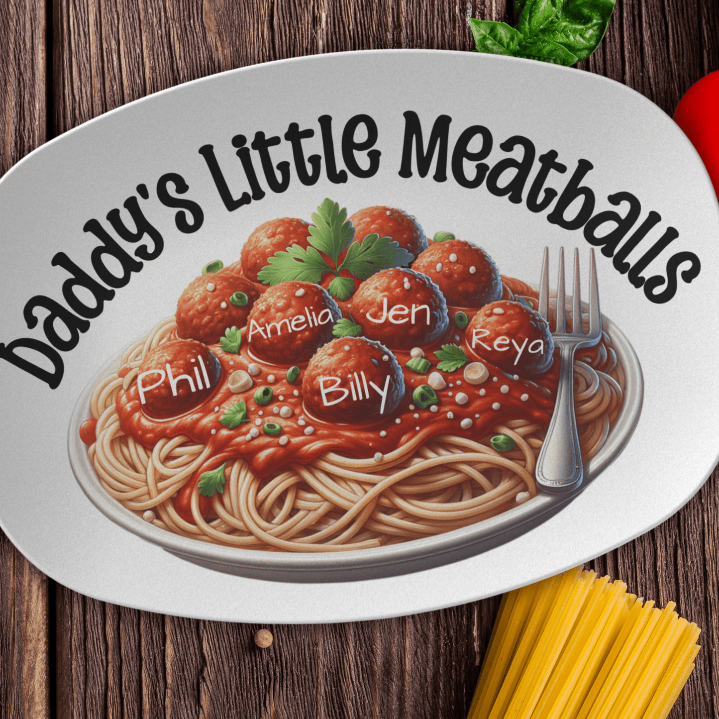 Custom Father's Day Platter Gift for Dad, Daddy's Little Meatballs Personalized Kids' Names Pasta Serving Tray, Custom Spaghetti Plate