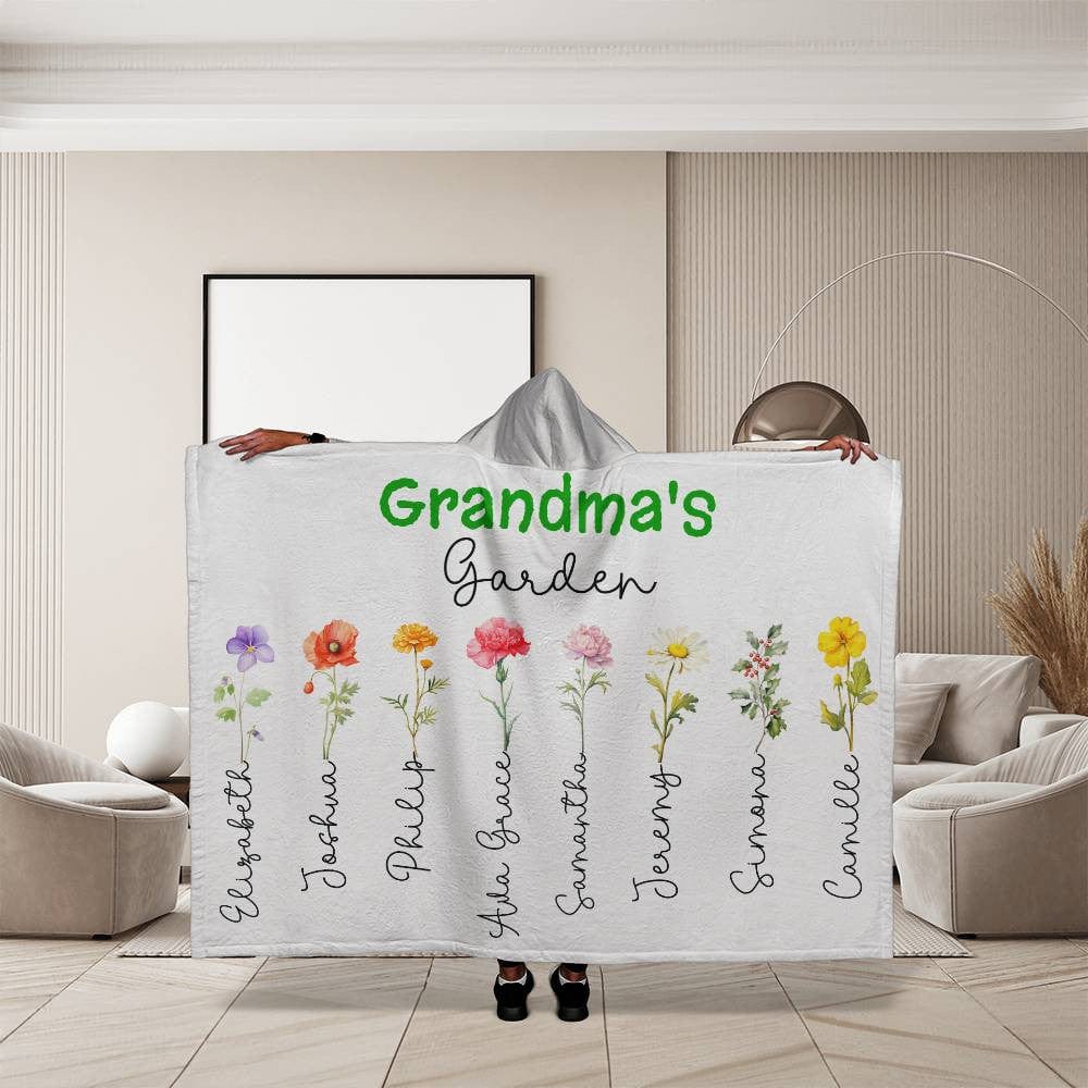 Grandma's Garden Custom Grandkids' Names & Birth Flowers Hooded Sherpa Fleece Blanket