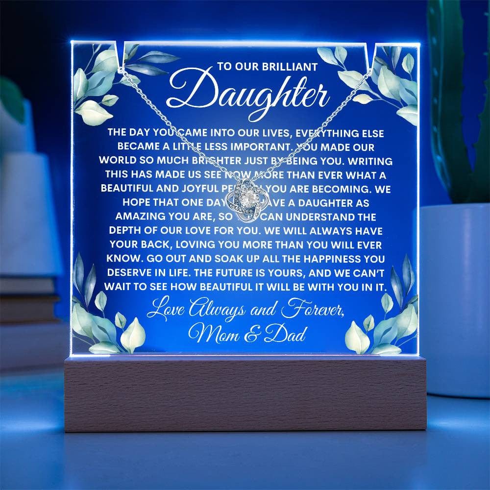 Letter to Daughter Light Up Acrylic Plaque Necklace Bundle, Greenery Love Knot Necklace Keepsake Acrylic, Daughter Birthday Night Light Gift