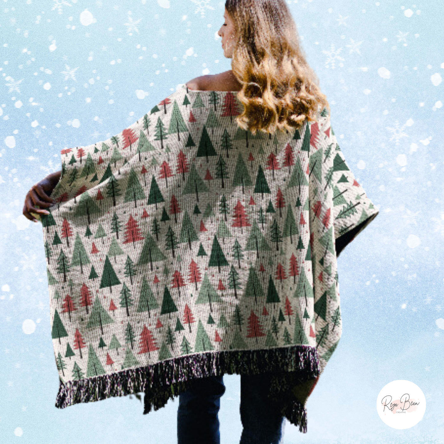 Christmas Trees Holiday Woven Cotton Poncho, 50" x 60"