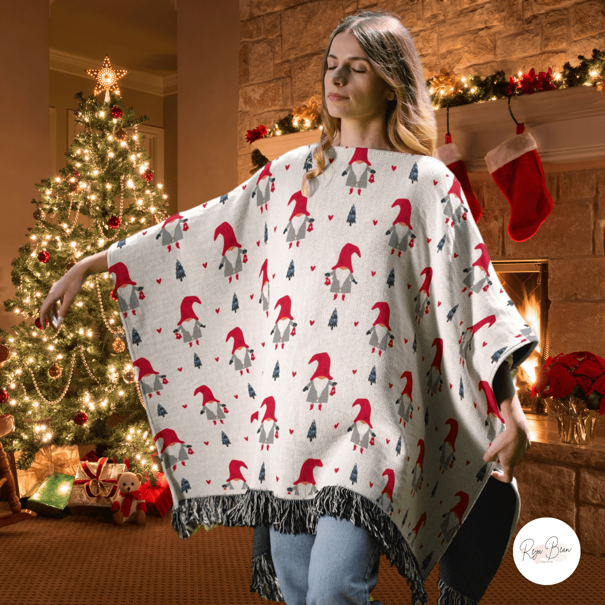 Christmas Gnome Poncho, Cute Xmas Gnomes Cotton Holiday Season Wearable Woven Blanket, Whimsical Xmas Motif Fun Present for Her 50" x 60"