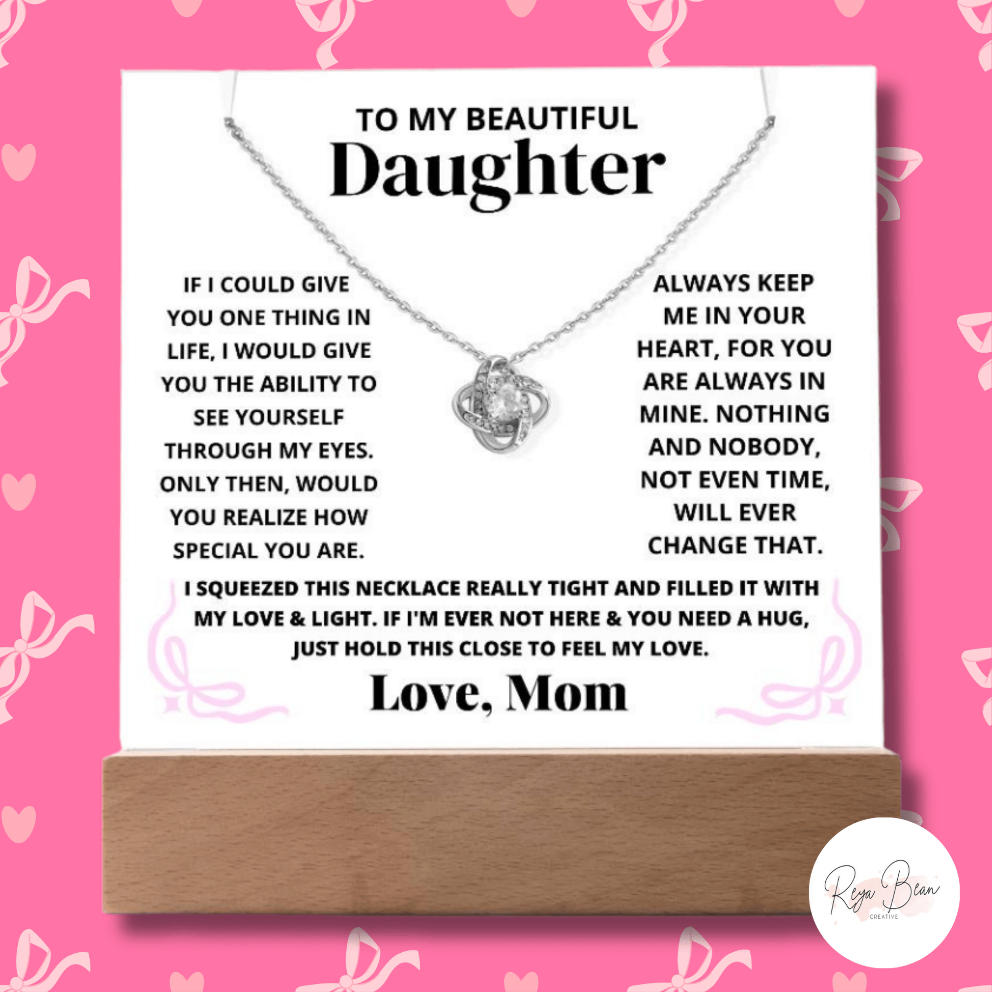 To My Beautiful Daughter Coquette LED Acrylic + Love Knot Necklace Bundle