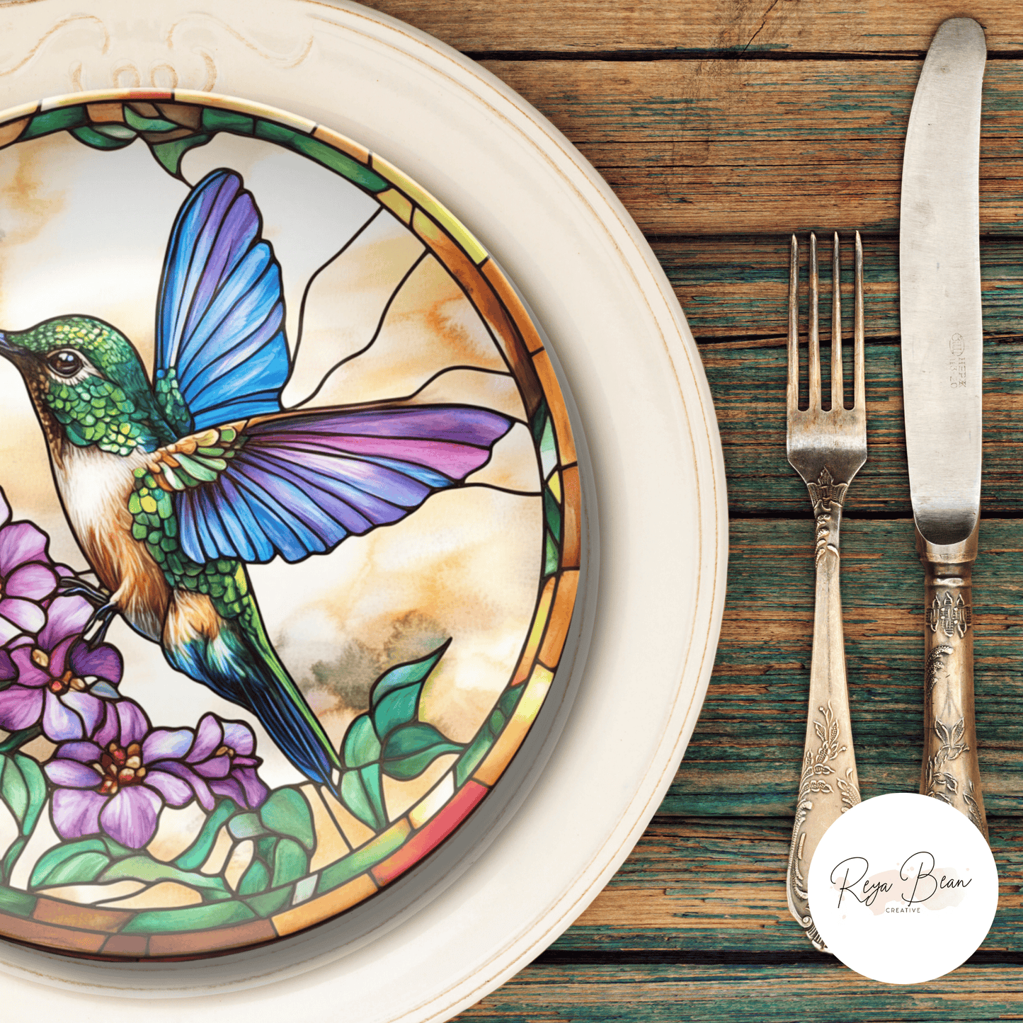 Hummingbird Party Plates – Faux Stained Glass 10 Inch Durable Dinnerware Set