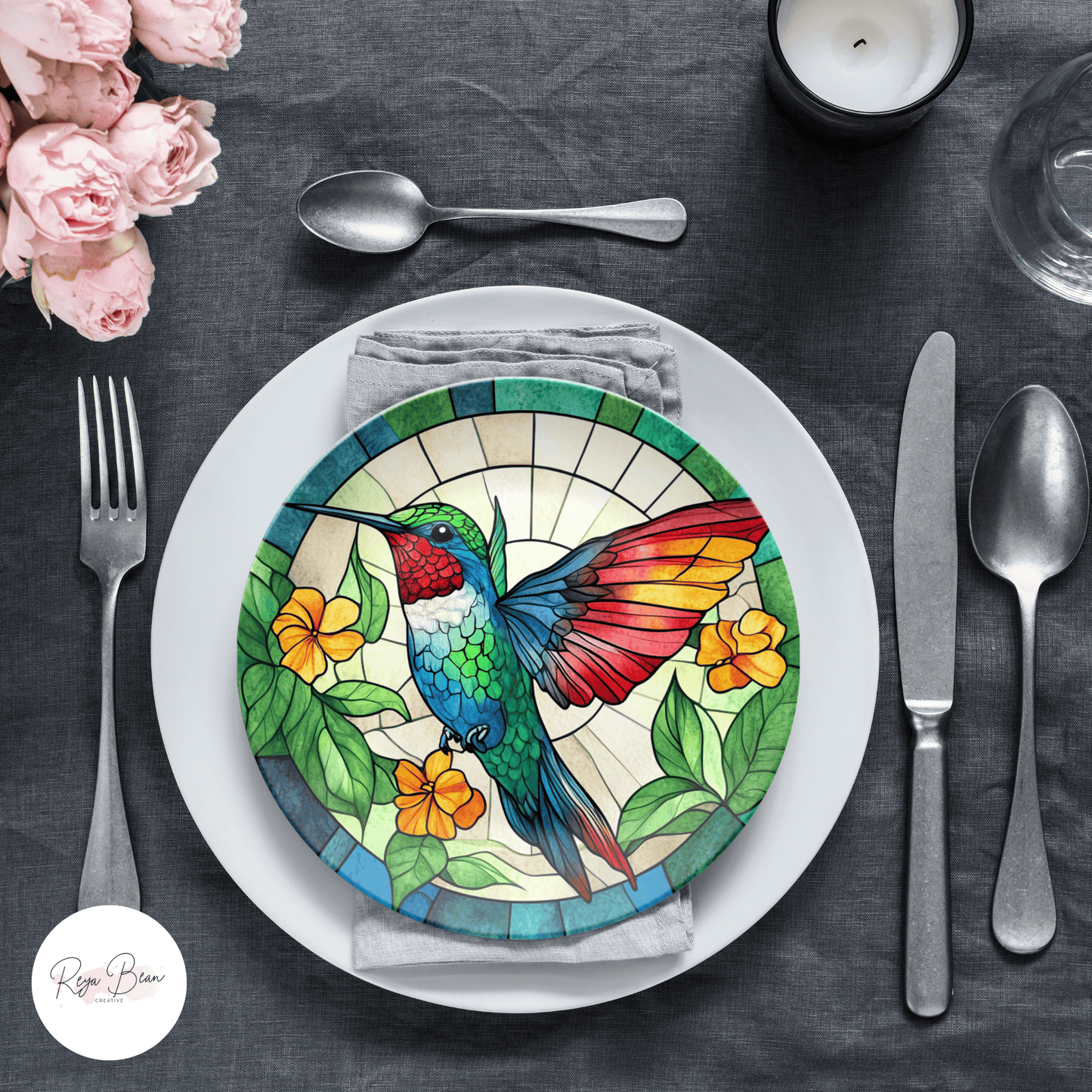 Hummingbird Party Plates – Faux Stained Glass 10 Inch Durable Dinnerware Set