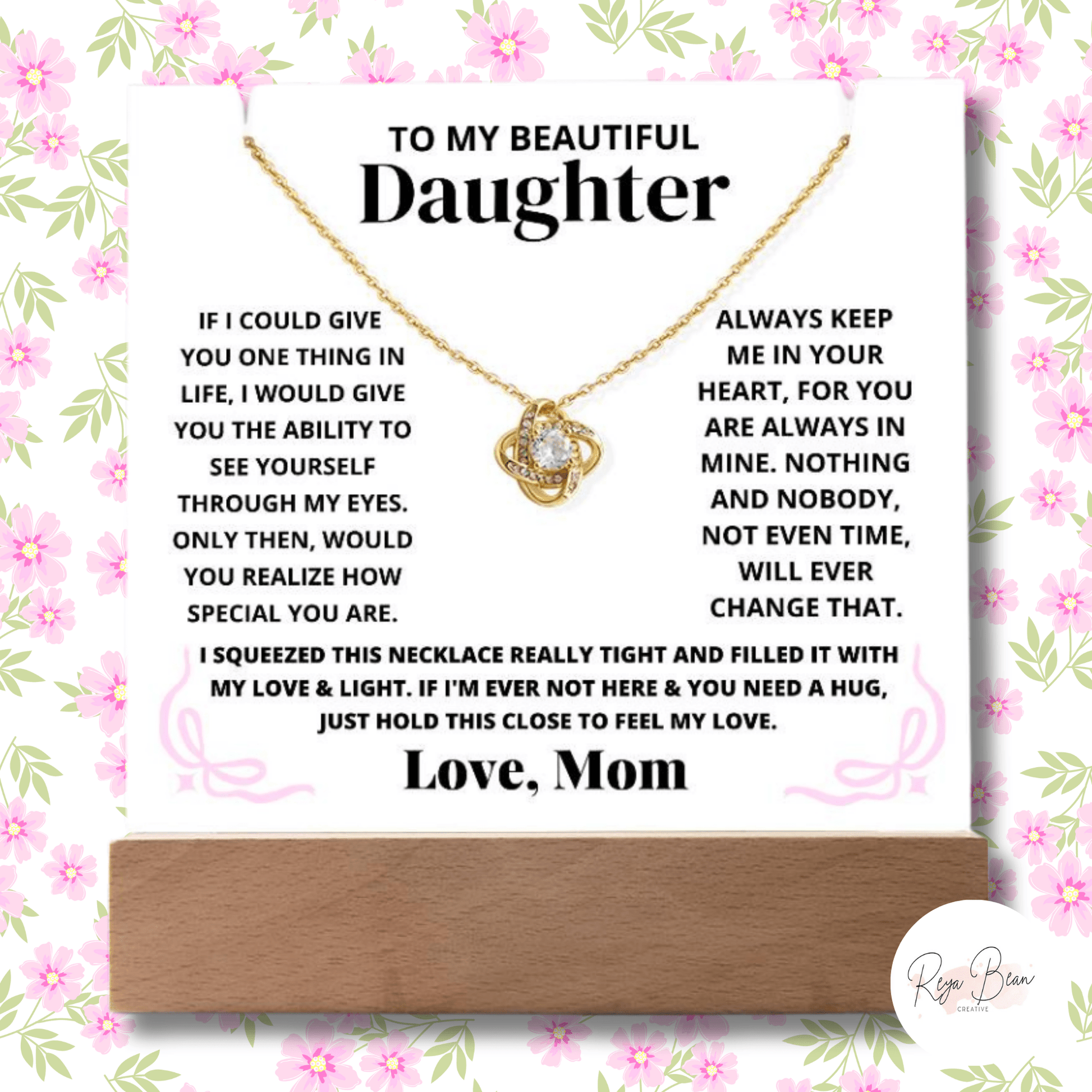 To My Beautiful Daughter Coquette LED Acrylic + Love Knot Necklace Bundle