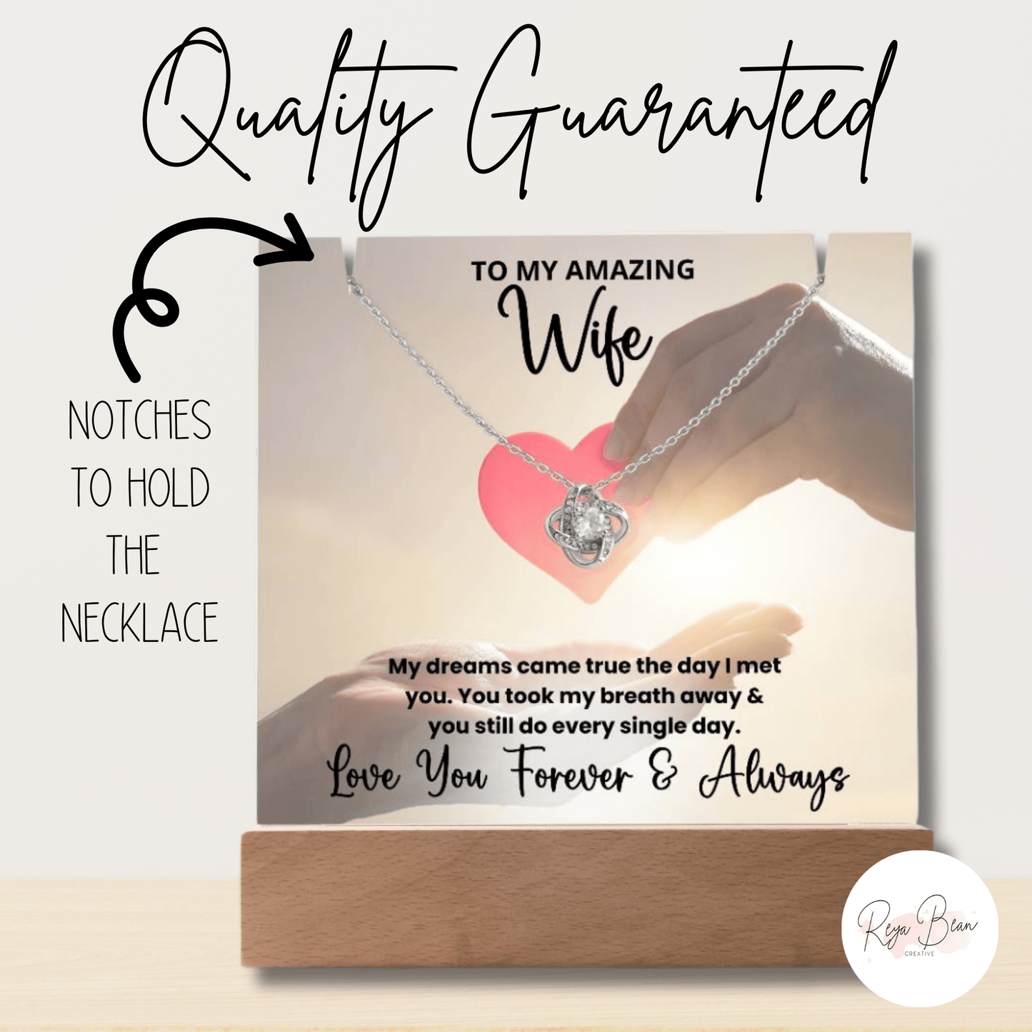 To My Amazing Wife Heart in Your Hands - LED Acrylic Plaque + Love Knot Necklace Bundle