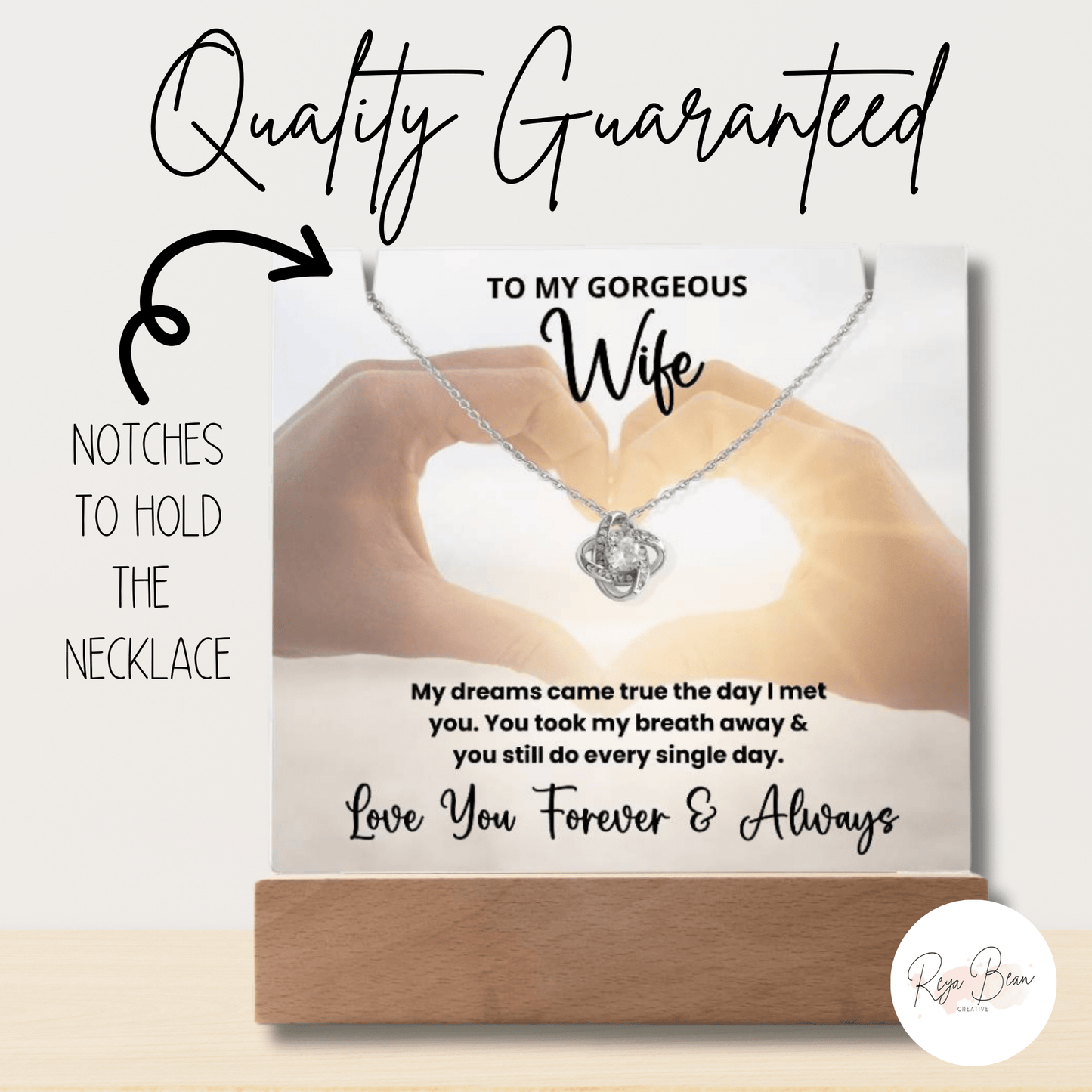 To My Gorgeous Wife Anniversary Wedding Present - LED Acrylic Plaque + Love Knot Necklace Bundle